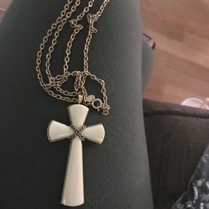Avon Cross Pendant Necklace Ivory White Lucite, Gold Tone Metal Accents & Chain
